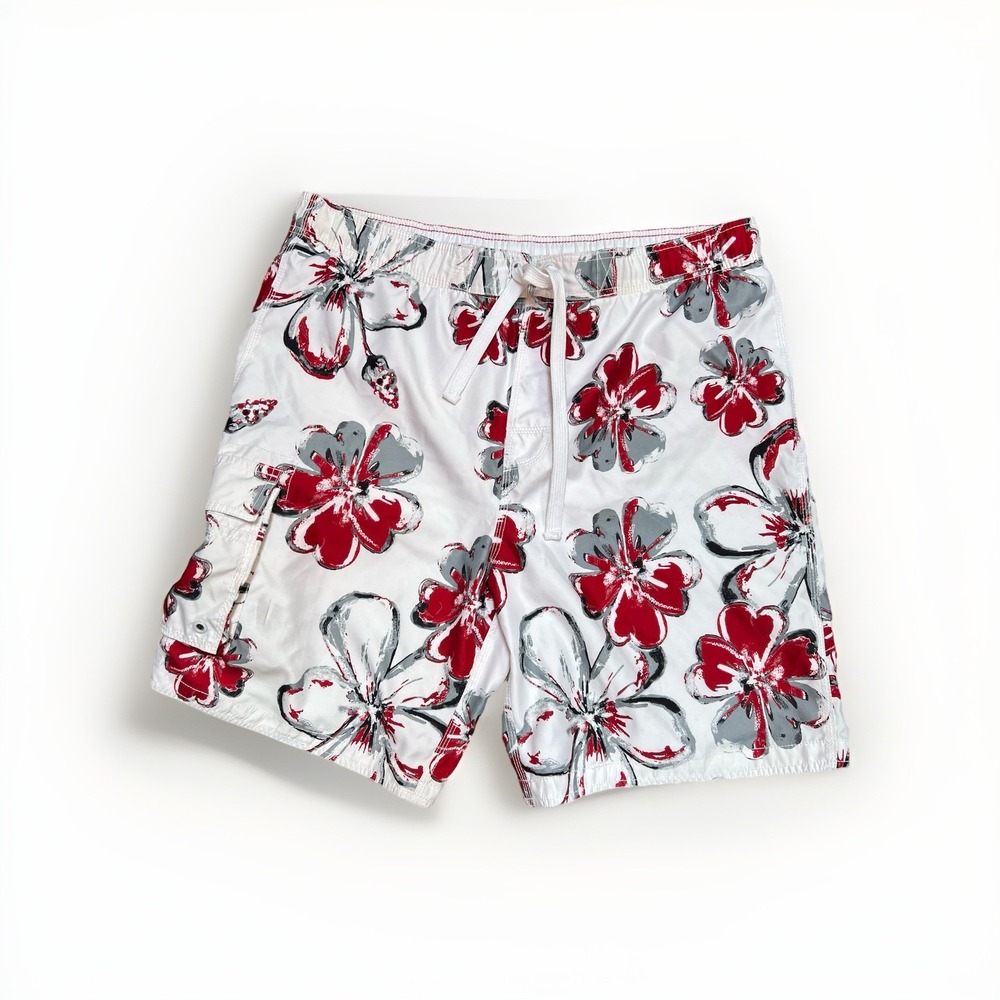 Lakeshore Sport Men's Large White With Grey &Red Floral Board Shorts Pockets Tie